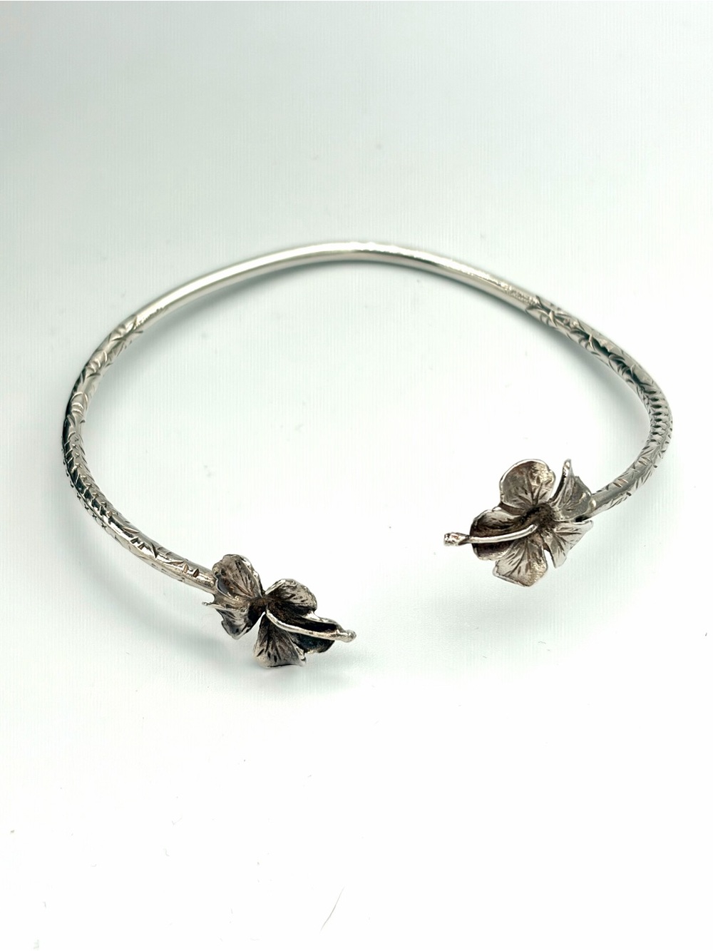 Vintage Trinidad West Indian Sterling Silver Floral Hibiscus Open Cuff Bracelet